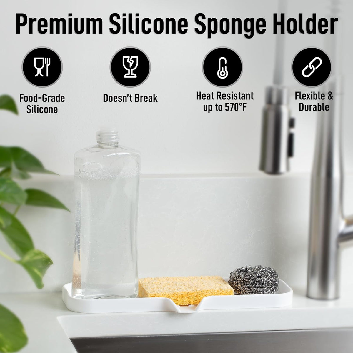 Zulay Kitchen Large Silicone Sponge Holder (12x4) – Flexible Sink Organizer Tray for Kitchen & Bathroom – Multipurpose Soap Dish for Sponges, Makeup, Trinkets & More (White)