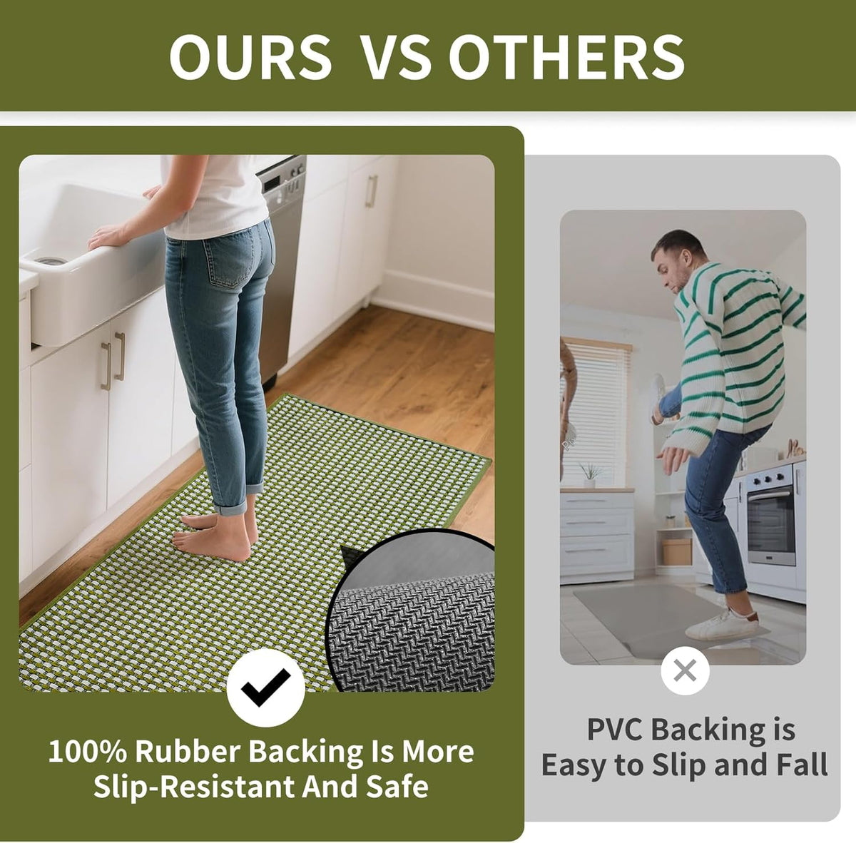 Long Kitchen Runner Rugs Kitchen Mat Non Slip Washable, Super Absorbent Soft Chenille Braided Kitchen Mats for Floor, Rubber Backing Kitchen Floor Sink Standing Mat, Easy Clean, Green 24"x71"