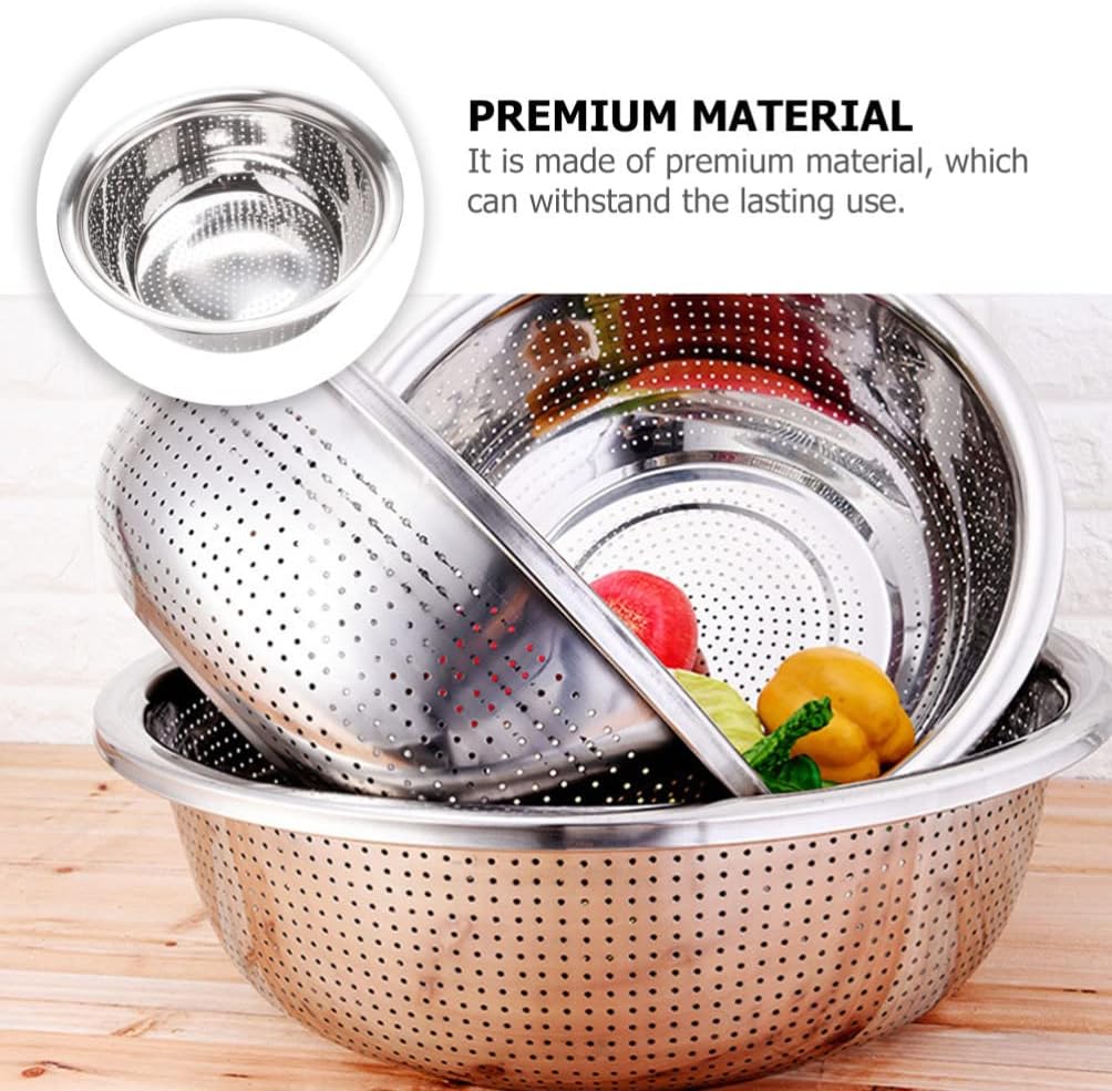 Hemoton Stainless Steel Rice Washer Bowl and Strainer Colander for Kitchen Use Multipurpose Fruit Vegetable Washing Basket 8.66 Inch Diameter