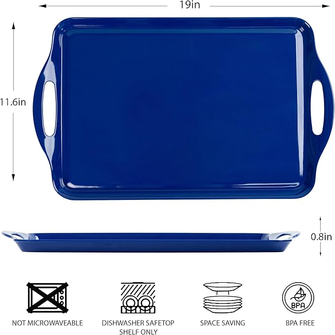 Extra Large Blue Serving Tray with Handles, 19''x11.6'' Melamine Platters, Rectangular Trays for Serving Food, Turkey, Cookie, Cupcakes, Desserts, Dishwasher Safe, BPA-Free, Set of 2