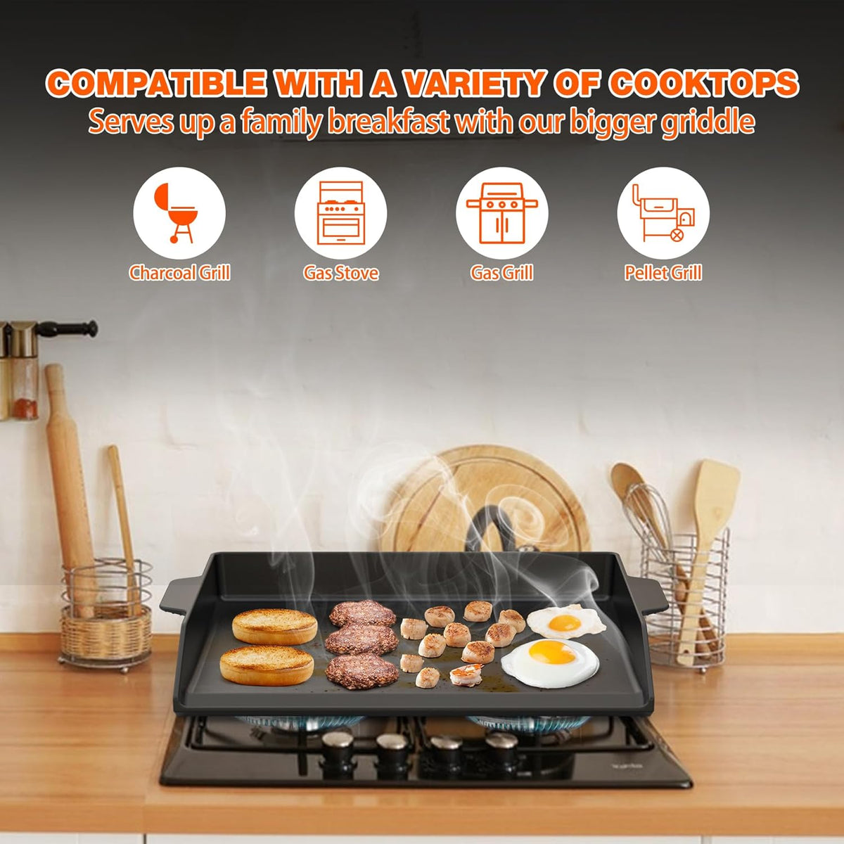 Onlyfire Universal Cast Iron Griddle for Gas Grills and Range Oven, Non-stick BBQ Flat Top Griddle with Handles for Outdoor Cooking, Tailgating, 18.6" × 14"