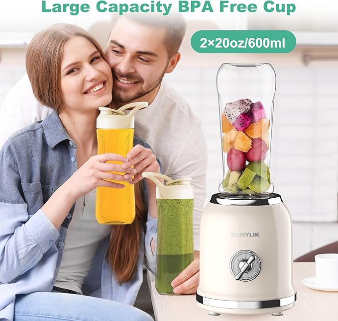 Personal Retro Protein Drink Blender, 3 Speed Small Blender for Smoothies, Maker with 6-Edge Blade and 2 * 20oz BPA Free Travel Cups