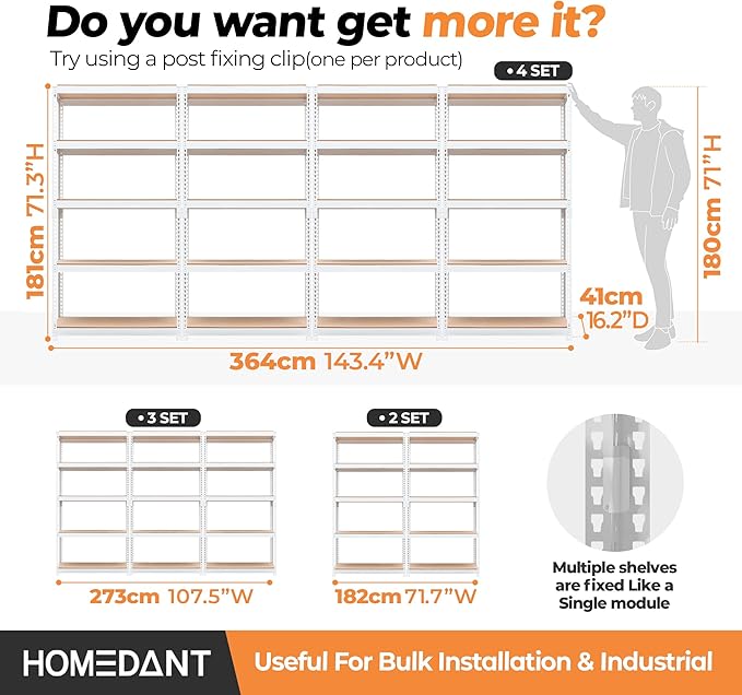 HOMEDANT 5 Tier White Storage Shelves Adjustable Laminated Boltless Garage Metal Shelving Unit Heavy Duty Utility Rack Shelf Warehouse Pantry Closet Kitchen 35.9" W x 16.2" D x 71.3" H White 1Pack