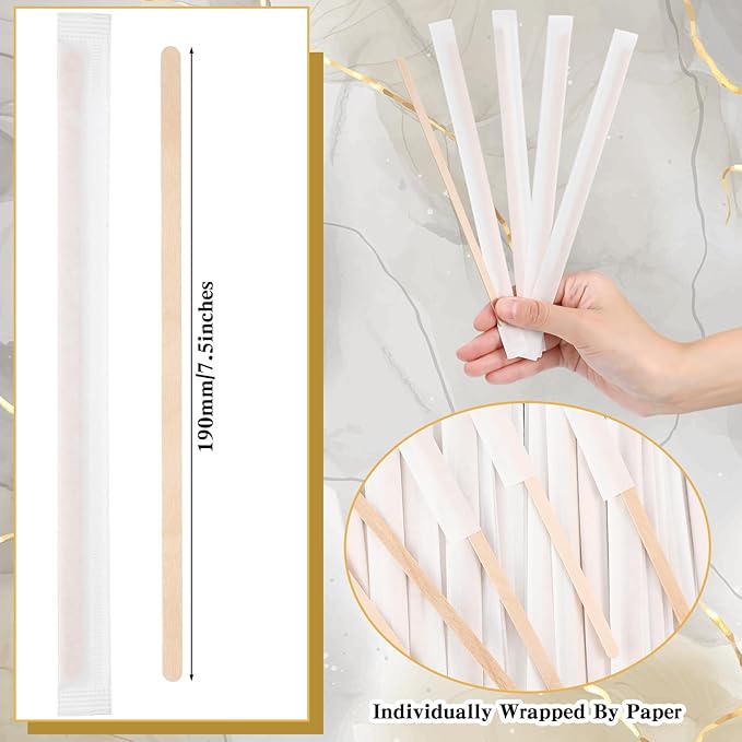 3000 Pcs Individually Wrapped Wooden Coffee Stirrers, Disposable Coffee Stir Sticks Round End Sticks Bulk Wood Stirrers for Cocktail Hot Drinks Restaurant Bar Home Office (7.5 Inch)