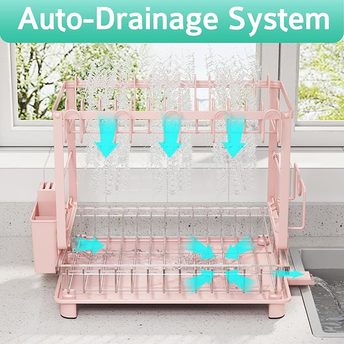 Multifunctional Dish Drying Rack - Rustproof, 2-Tier Dish Racks with Drainboard, Space-Saving Design, Utensil & Cup Holder for Kitchen Counter, Pink