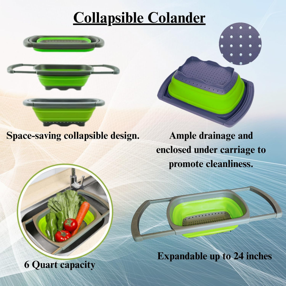 Collapsible Colander | Over the sink silicone kitchen strainer and collander with extendable handle | Clip-on silicone strainers for pots and pans|