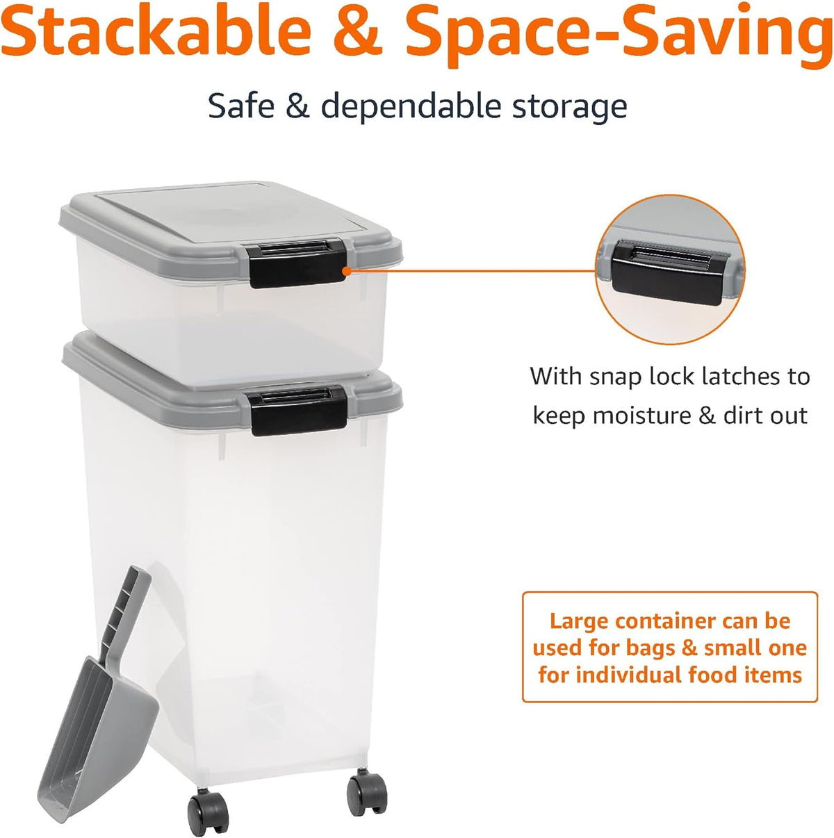 Amazon Basics 3-Piece Airtight Dog Food Storage Container Combo with Scoop, 33 QT + 12 QT