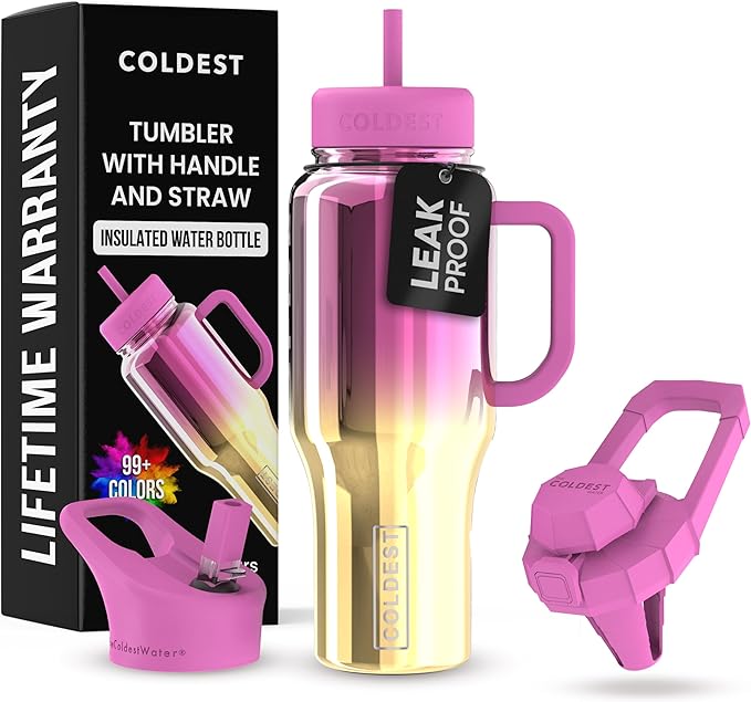 Coldest Tumbler with Handle and Straw - 100% Spill Proof Tumbler with Straw (3 Lids) - Stainless Steel Insulated Leakproof Tumblers for Women & Men - Cup Holder Friendly - 36 oz (SunTan Nova)