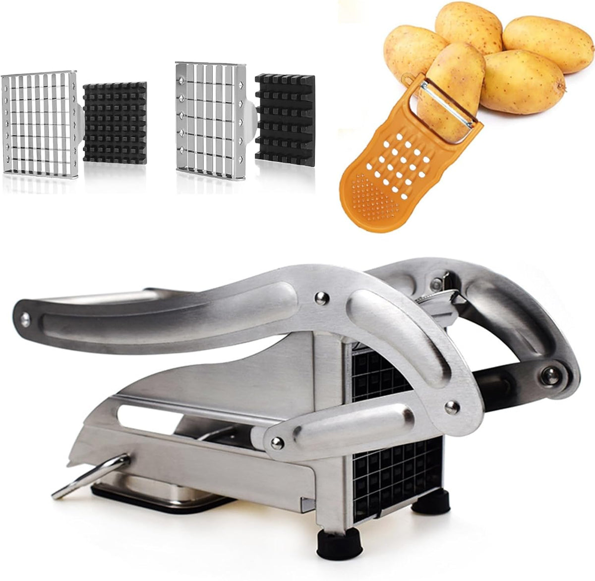 French Fry Cutter, 2-blade Potato Slicer Strong No-Slip Suction Base Stainless Steel French Fry Cutter with 1 Peeler, Perfect for Potatoes, French Fries, Cucumber,Vegetables Carrot
