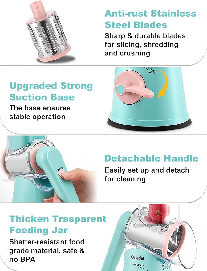 Geedel Rotary Cheese Grater Cheese Shredder - Upgraded 5-in-1 Cheese Grater with Handle and Strong Suction Base, Multi-purpose Vegetable Slicer Ice Shaver Nuts Grinder for Ice, Vegetables, Fruit, Nuts