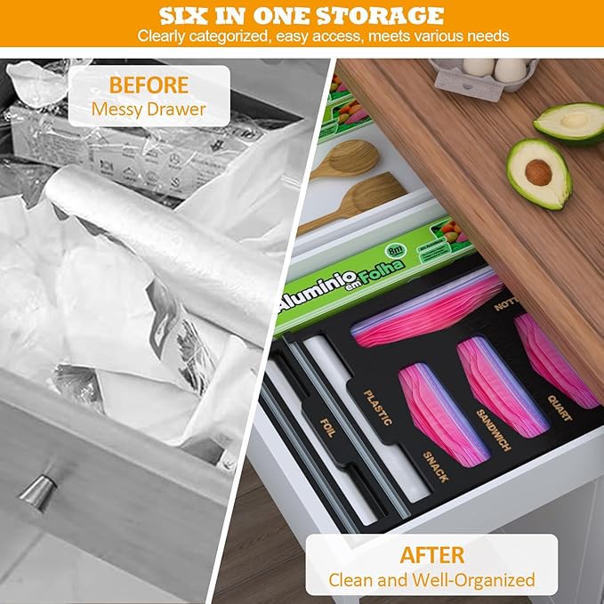 DALSHABET Bamboo Bag Organizer with Magnetic Closure, 6 In 1 Kitchen Drawer Foil and Plastic Wrap Dispenser with Cutter, Storage bag for Gallon, Quart, Sandwich, Snack Black