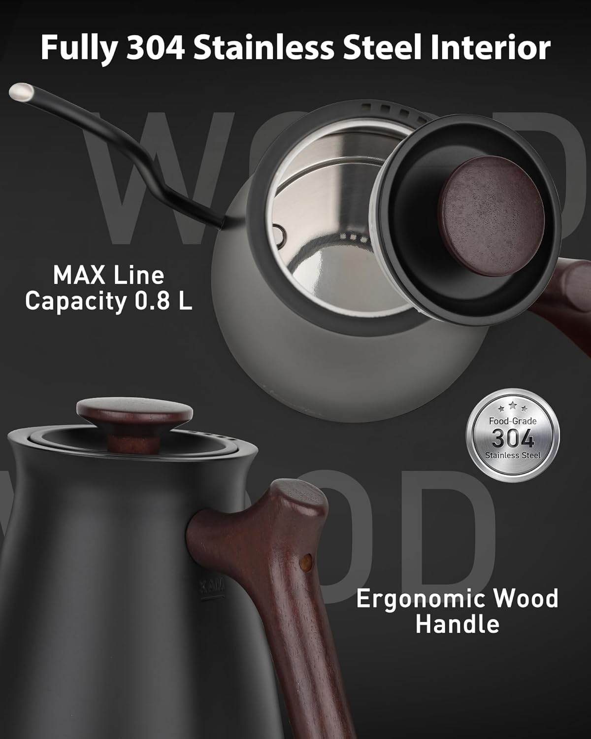 Harriet Gooseneck Electric Kettle - 1200W Fast Heat, 0.8L Stainless Steel, Precision Temp Control & Timer, Wood Handle, Pour Over Coffee and Tea, Black