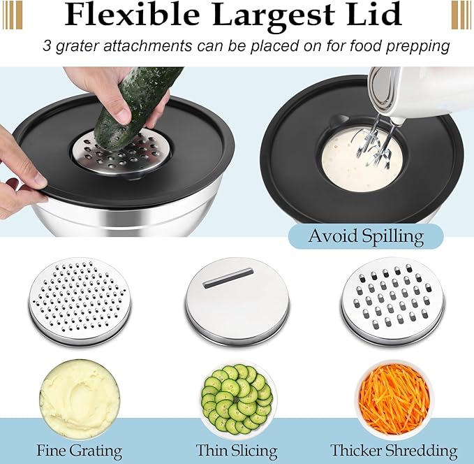 TeamFar Mixing Bowls Set of 6, Stainless Steel Nesting Mixing Salad Bowl with 3 Grater Attachments, for Food Cooking Prepping Storing, Black - Size 4.6/2.6/2 / 1.5/1 / 0.7 QT