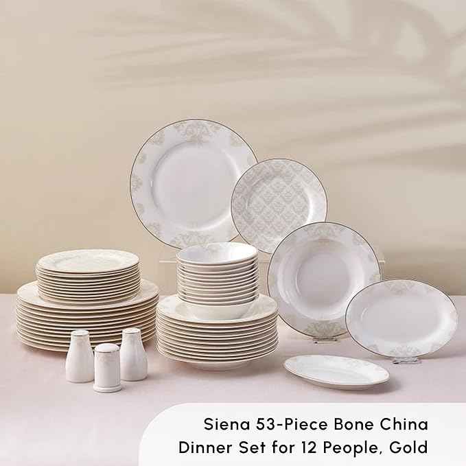 Karaca Siena 53-Piece Porcelain Plates and Bowls Set with Dinner & Dessert Plates, Shakers - Bone China Dishware Sets - Kitchen Dinnerware Set for 12 People
