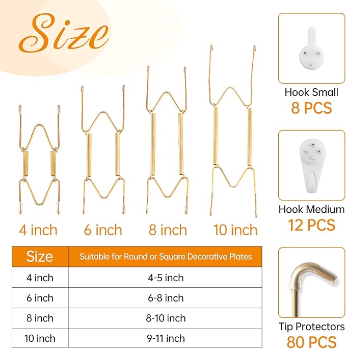 Bilillo 20 Pieces Stainless Steel Spring Plate Hangers for The Wall, 4/6/8/10 Inch Invisible Wire Holders with 20 Pcs Wall Hooks, Fit 4-11 Inch Decorative Plates, Platters & Dishes (Gold)