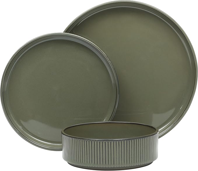 Gibson Elite 12 Piece (Service for 4) Townscape Plates and Bowls Reactive Glaze Embossed Round Dishes Terracotta Ceramic Dinnerware Set - Dark Green