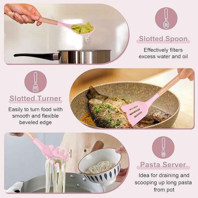 P&P CHEF Cooking Utensils Set, 6 PCS Kitchen Utensils with Wooden Handle, Silicone Spatula for Nonstick Cookware, Easy Clean & Non-toxic, Pink