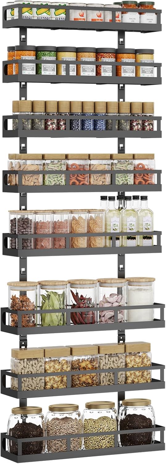X-cosrack 8-Tier Adjustable Spice Rack – Wall-Mounted Space-Saving Organizer with Mixed Baskets, Large-Capacity Seasoning Holder for Kitchen & Pantry (Black)