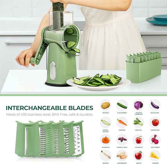 SUSTEAS Rotary Cheese Grater with Handle - Vegetable Shredder with 5 Well-designed Blades & Strong Suction Base,Round Mandoline Slicer & Food Chopper for Kitchen,with Blade Storage Box(Retro Green)
