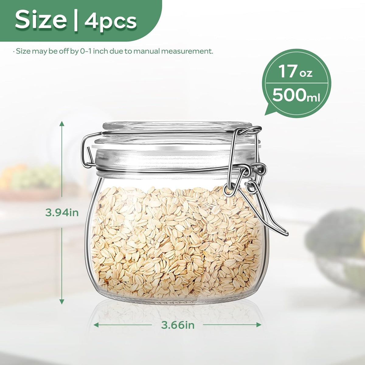 Glass Food Storage Jars with Airtight Lids 17 oz Round 4 Pack Kitchen Storage Containers Cabinet Canisters Sealed Pot Canning for Pasta, Cereal, Coffee, Beans, Spice