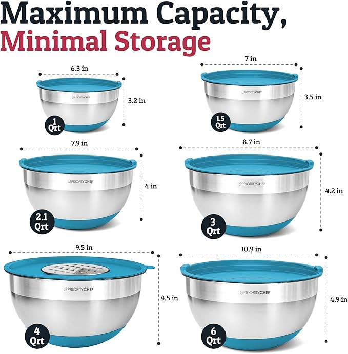 Priority Chef 6Pc Large Mixing Bowls With Lids Set with Non-Slip Bases, Stainless Steel Mixing Bowl Set, 6 Airtight Lids and 3 Graters, Turquoise