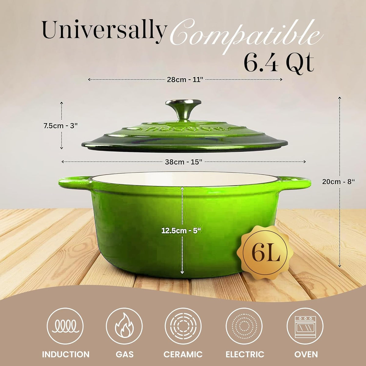 Nuovva Enamelled Cast Iron Dutch Oven Pot with Lid – 6.4 Quart Non Stick Casserole Pot – Heavy Duty & Oven Safe up to 500° F for Bread Baking, Braising, Stews, Roasting – 28cm Green