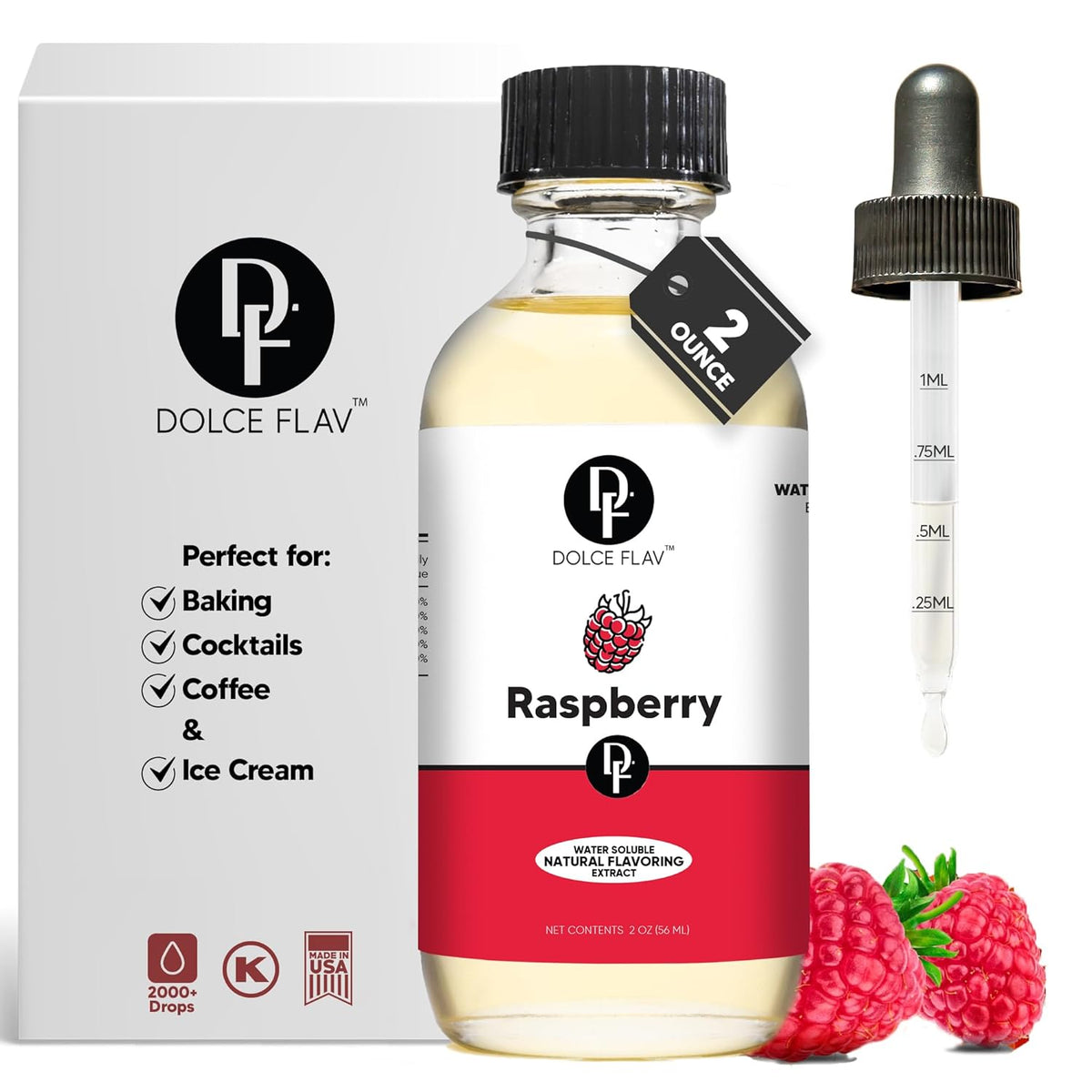Dolce Flav Natural Raspberry Extract 2 oz – Kosher, Sugar-Free, Concentrated Tart Raspberry Flavoring for Baking, Beverages & Desserts, Includes Measured Dropper