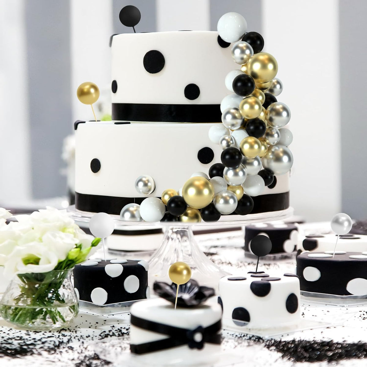 48 Pcs Balls Cake Topper Decorations Balloon Cupcake Toppers Foam Cake Topper Balls Cake Balls Decorations for Birthday Party Wedding Anniversary Cake Decorating (Black, Silver, White, Gold)