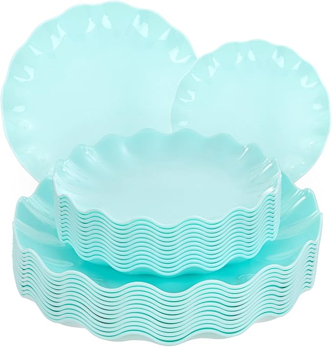 LIYH 24 Pcs Plastic Blue Plates Reusable - Unbreakable Ice Blue Party Scalloped Plates, Microwave & Dishwasher Safe Camping Plate Perfect for Parties, Wedding, Birthday, BPA Free (12Guests)