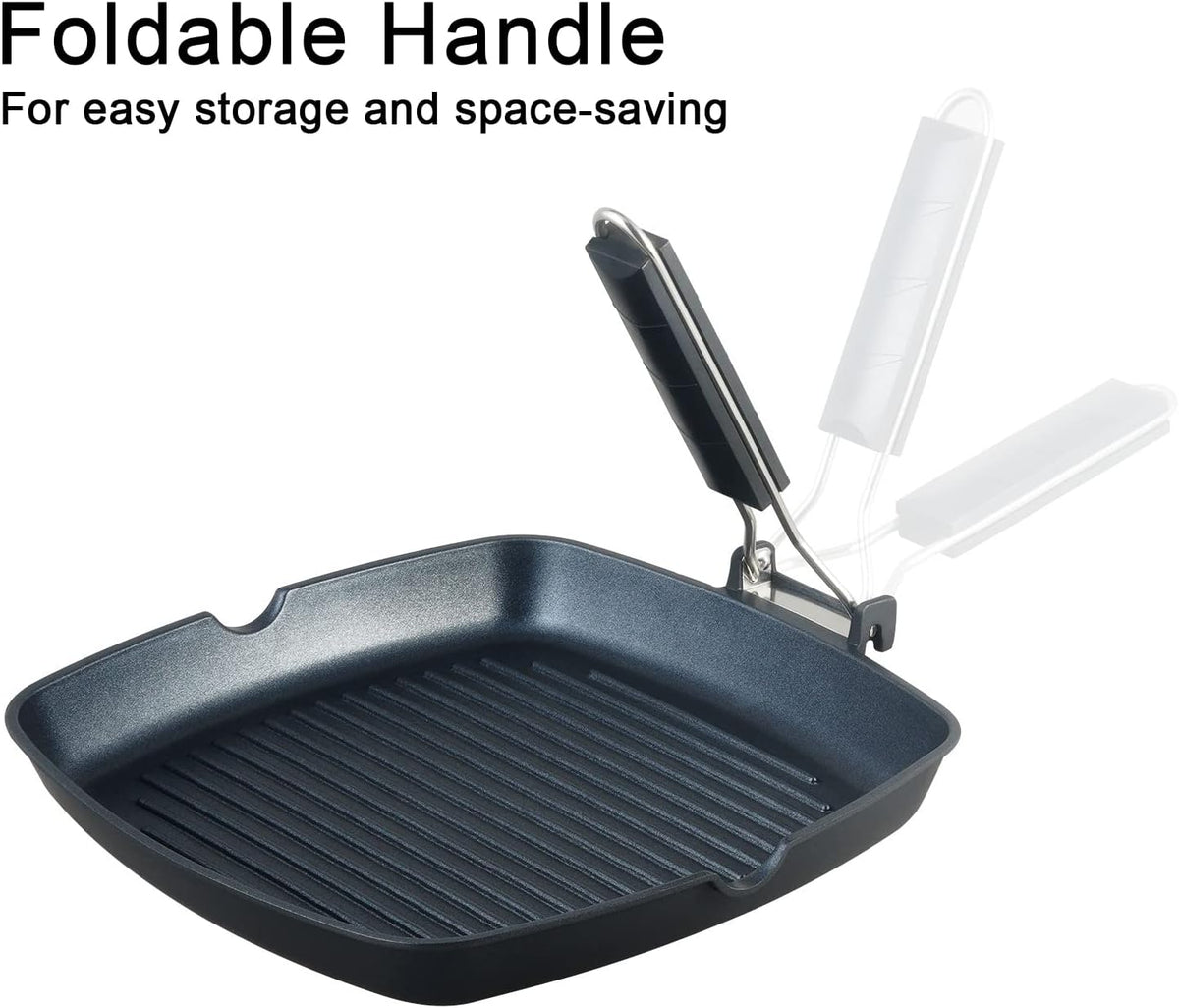SKITCHN Nonstick Grill Pan With Folding Handle - Induction Compatible KBBQ Pan for Stove Tops, Indoor Square BBQ Grilling With Pour Spouts - 11 in