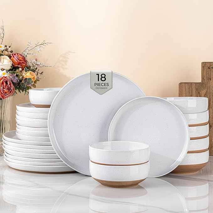 AmorArc Ceramic Dinnerware Sets for 6, 18 Pieces Handpainted Plates and Bowls Set with Rustic Terracotta Underside, Scratch Resistant Stoneware Dishes Set, Dishwasher & Microwave Safe, White