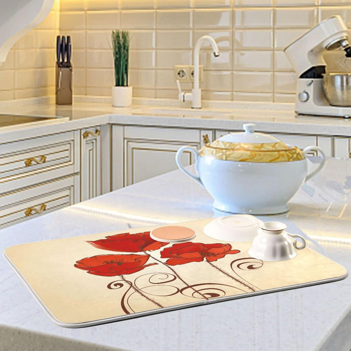 senya Super Absorbent Dish Drying Mat, Microfiber Fast-Drying 24''x18'', Kitchen Pad, Red Poppy Flowers Retro,(g289343168p523c558s1114)