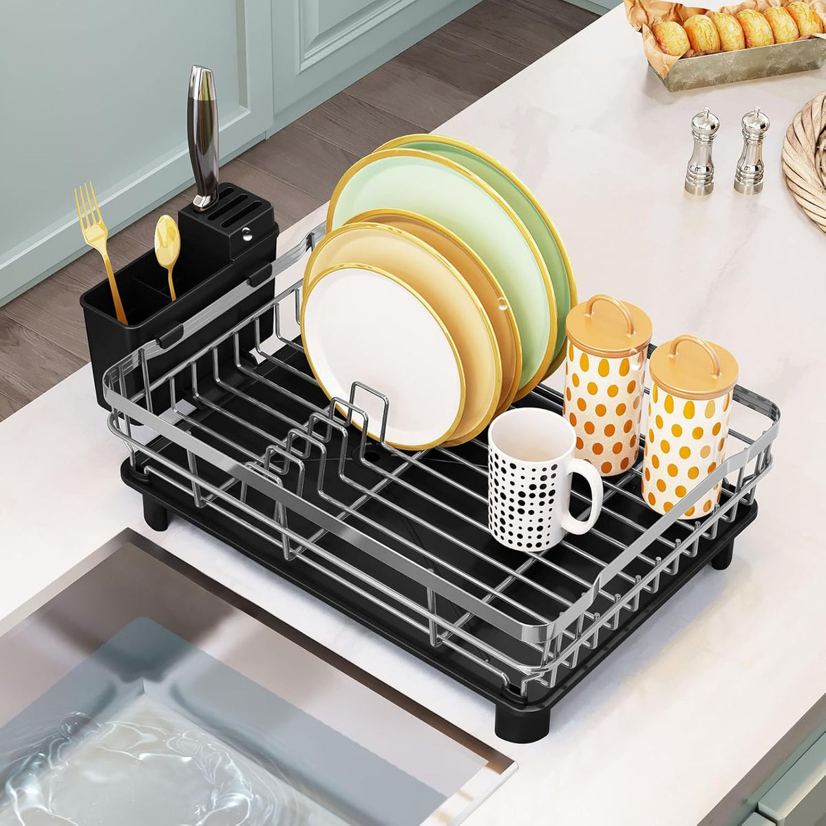 GAXmi Dish Drying Rack Over The Sink Drainer with Drainboard Utensil Holder, 1-Tier Grey
