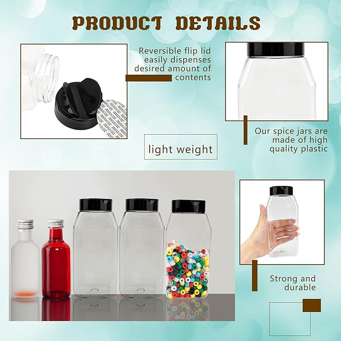 32 Pack 16 oz Plastic Spice Jars with Cap Clear Empty Square Spice Bottle with Shaker Lids Large Empty Seasoning Containers for Storing Spice Salt Seasoning