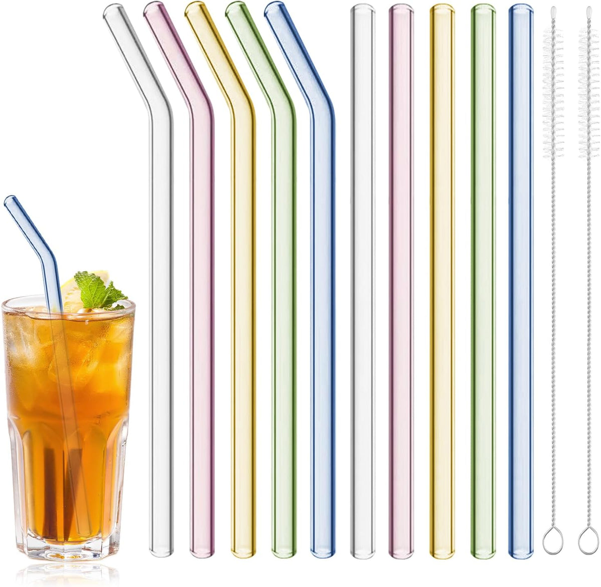 10 Pcs Reusable Glass Drinking Straws, 8” Colorful Glass Straws Shatter Resistant with 2 Cleaning Brush, Set of 5 Straight and 5 Bent Reusable Straw for Beverages, Milk, Juices, Dishwasher Safe
