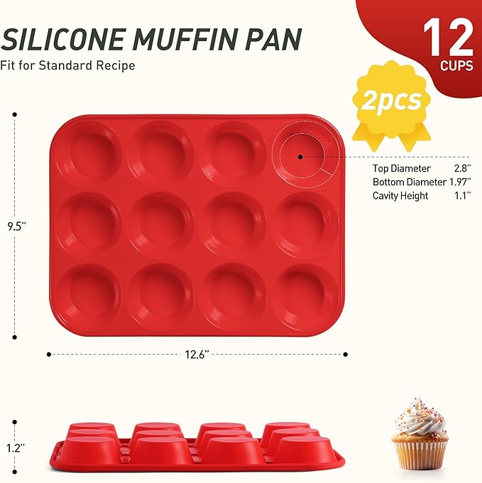 2 Pack 12 Cups Silicone Muffin Pan with Metal Reinforced Frame Regular Size Silicone Molds Cupcake Cake Baking Pans Cookie Baking Chocoflan Cupcake Mold Nonstick Muffin Tin Home Baking Supplies