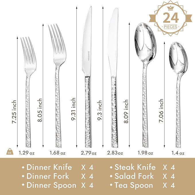 KINGSTONE 24 Piece Silverware Set with Steak Knives, Hammered Silverware Set for 4, 18/10 Stainless Steel Flatware, Cutlery Set for Home, Party, Wedding, Mirror Polished Dishwasher Safe