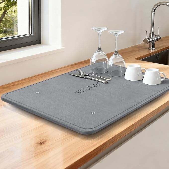 Large Stone Dish Drying Mats for Kitchen Counter,20"(L)×16"(W) Diatomaceous Earth Stone Mat With 4pc silver metal feet,Super Absorbent Fast Drying,Non-Slip Multi-purpose Kitchen Mat