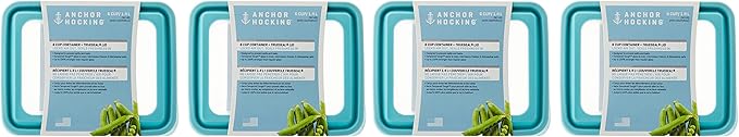 Anchor Hocking TrueSeal Glass Food Storage Containers with Mineral Blue Airtight Lids, 6 Cup Capacity (48 Oz), Rectangle, Pack of 4