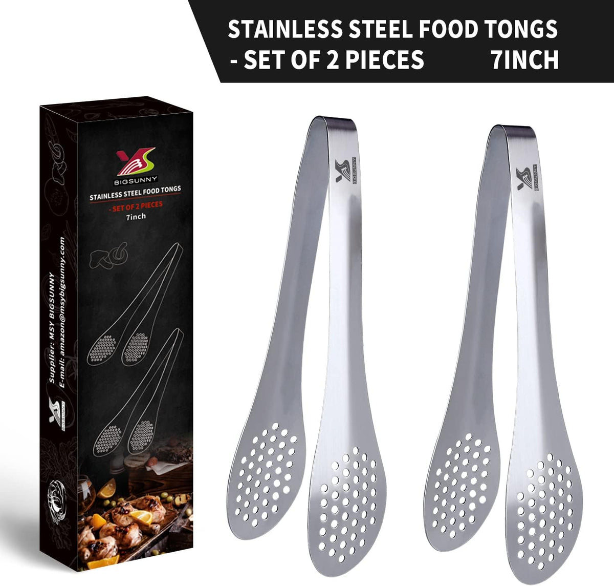 MSY BIGSUNNY 7inch Food Serving Tongs Stainless Steel Buffet Tongs (silver, 2pack)
