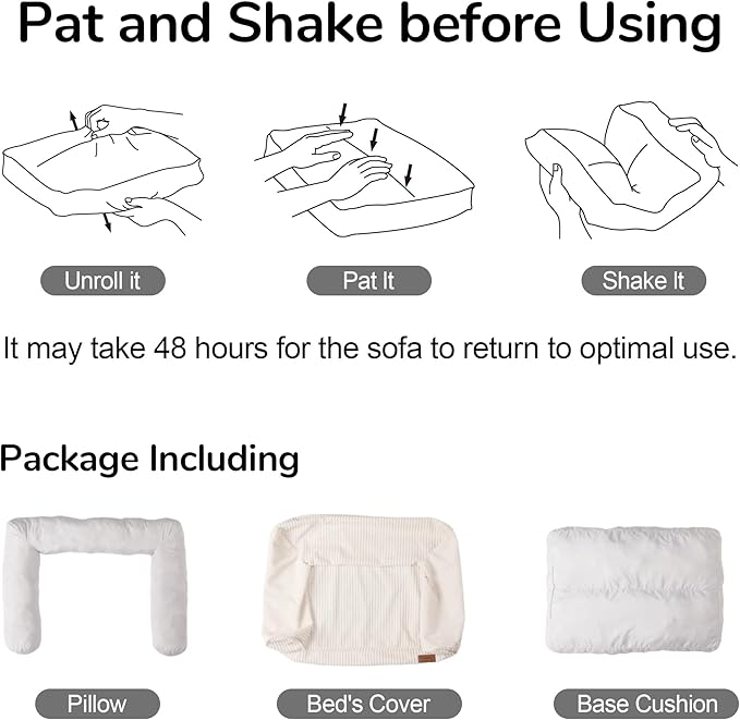 FUKUMARU Dog Couch Bed, Corduroy Cozy Cat Bed for Indoor Cats with Washable Cover, Supportive Waterproof Dog Beds Sofa for Small Dogs and Large Cats Cute, 28inch, Medium, Cream
