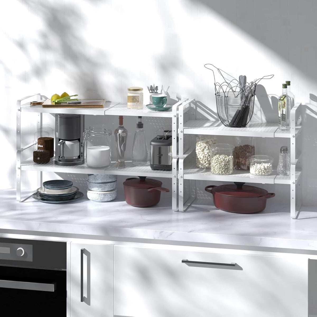 Expandable Cabinet Shelf Organizer Adjustable Metal Spice Rack Stackable Freestanding Counter Storage Shelves for Kitchen Cabinet Under Sink Office Desk (White - 2Pack - L16.5-27'' * W8'' * H9.6'')