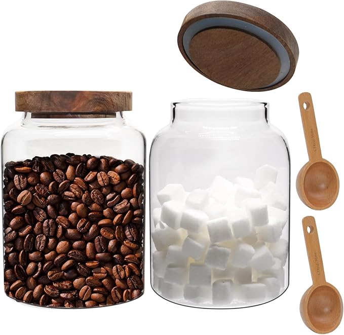 Glass Jar with Spoon Wooden Lid Clear Coffee Ground Containers Set Borosilicate Glass Kitchen Storage Canister for Sugar Espresso Spice Beans Nut Pasta Candy Tea (1200ml(40oz)-with spoon (2pack))