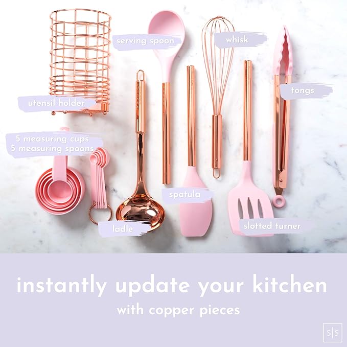 Copper and Pink Kitchen Utensils Set - 17-Piece Silicone Cooking Tools with Copper Utensil Holder and Pink Measuring Cups and Spoons for Baking and Everyday Cooking - Stylish Kitchen Accessories