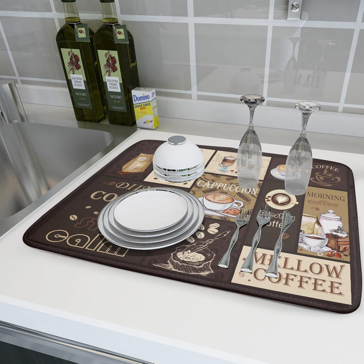 Brown Coffee Dish Drying Mat 18x24 Inch Coffee Cup Espresso Machine Pad Absorbent Washable Dish Rack Pad for Kitchen Counter Cafe Bar
