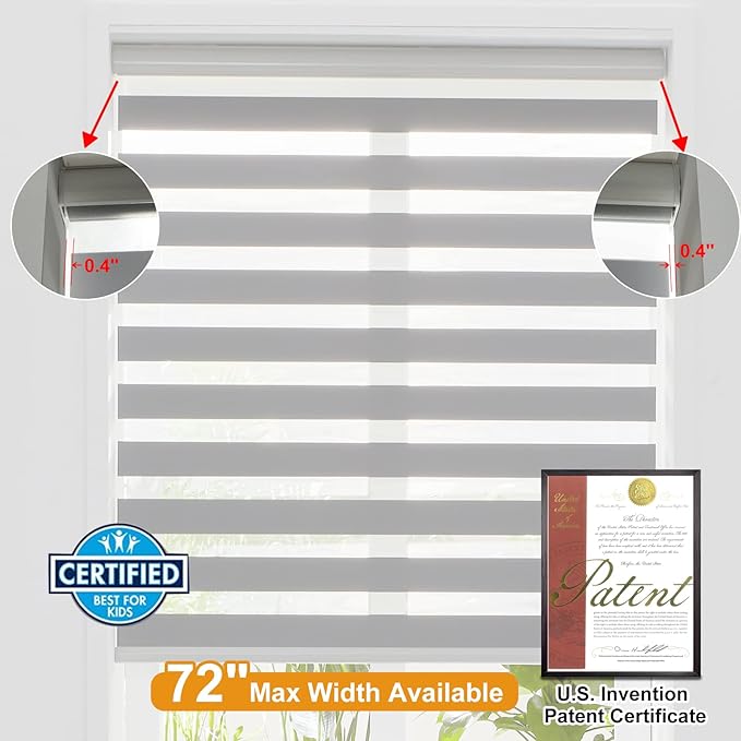 Persilux Cordless Zebra Blinds for Windows (58" W X 72" H, Grey) Free-Stop Roller Windows Shades Dual Layer Light Control for Day and Night, Light Filtering Sheer Shades for Home