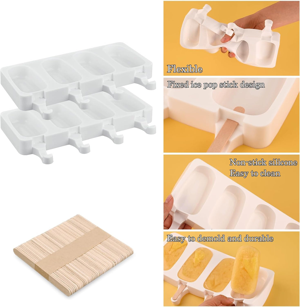 Sakolla 2 Pack Silicone Popsicle Molds, Larg Oval 4 Cavities Homemade Ice Pop Molds with 50 Wooden Sticks for Ice Cream, Cakesicles, Cake Pop (White)
