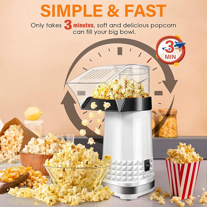 Popcorn Maker Machine 1200W, 4.5-Quart Air Popper Popcorn Maker, 2-Minute Oil-Free Hot Air Popcorn Popper, Easy Clean, No Unpopped Kernels, Healthy Family Snack