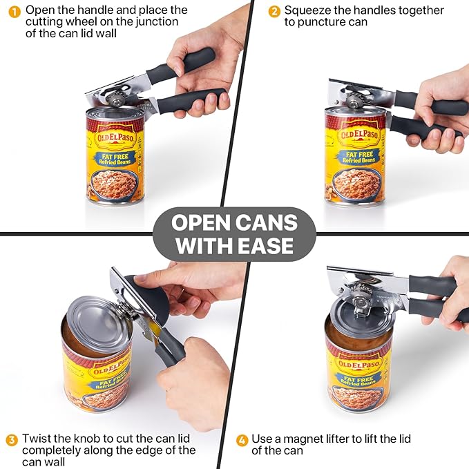 Can Opener Manual Heavy Duty, UHIYEE Hand Held Can Openers for Seniors with Comfort Grip Sharp Blade, Solid Steel Hand Manual Can Open with Magnet for Kitchen Camping, Gray