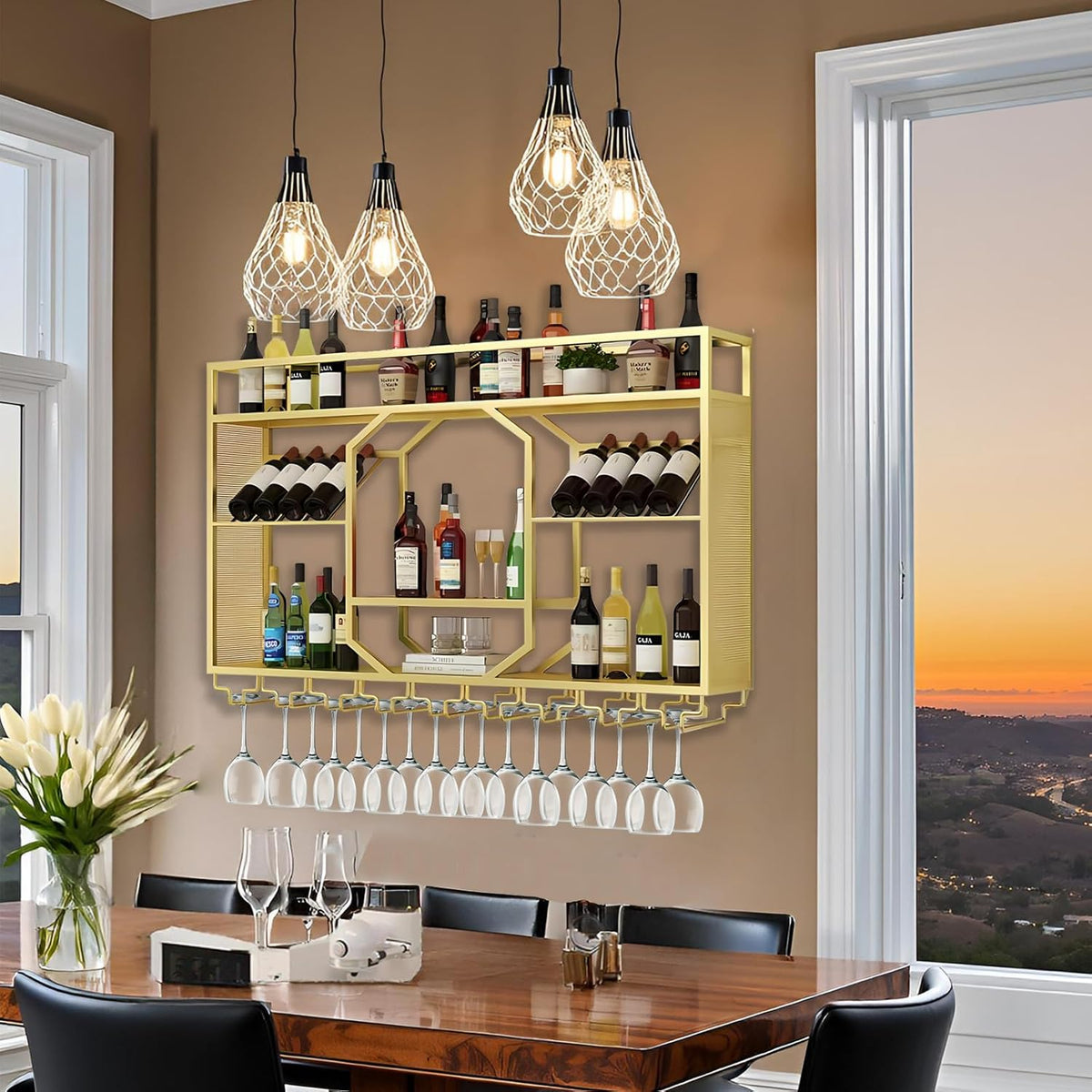 Wall Mounted Wine Rack, 3-Tiers Metal Bar Bottle Holder, Modern Wine Glass Storage Display Shelves, Wall Wine Rack for Kitchen Bar Dining Rooms Decoration ﻿ (Gold, 47.24in/120cm)
